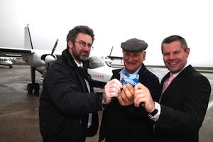 Orkney Islands Council Convener Steven Heddle, North Ronaldsay resident Billy Muir, and Transport Minister Derek Mackay at the launch of the new card system.