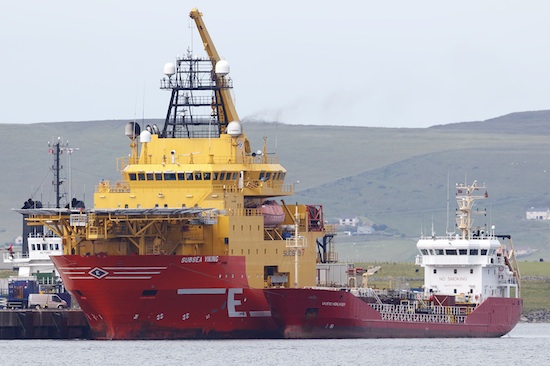 The tanker Vadero Highlander, operated by Simpson Oil, bunkering the Subsea Viking alongside Hatston Pier. (Picture: Andrew Shields)