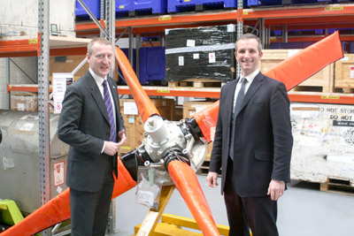 Northern Isles MSPs Tavish Scott and Liam McArthur during their visit to Loganair's 'spares hub' on Wednesday.