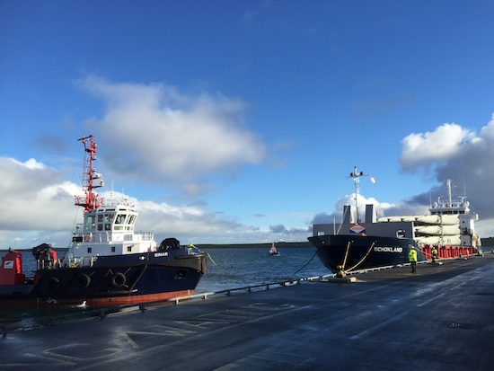 The Orkney Towage tug Einar and the Schokland arriving at Hatston Pier.