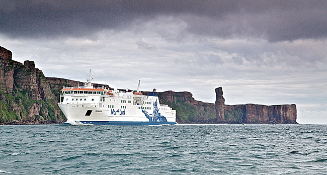 NorthLink's ferry Hamnavoe passes the Old Man of Hoy.