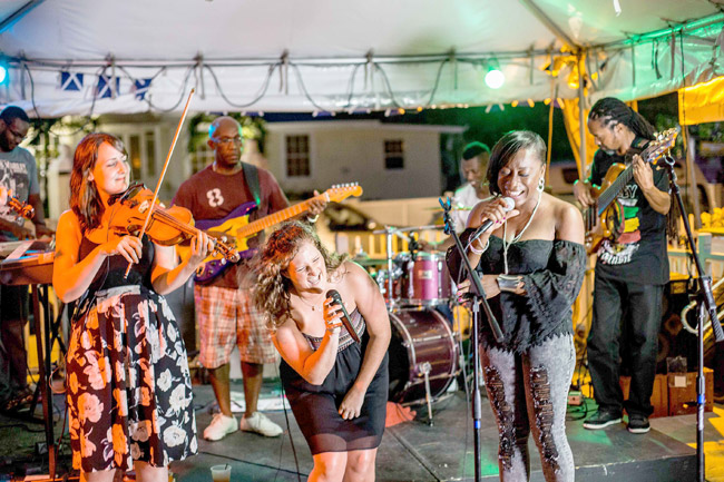 Orkney band Fara performing at the opening of the Barbados Celtic Festival - fusing their Orcadian sound with a Bajan spouge band.