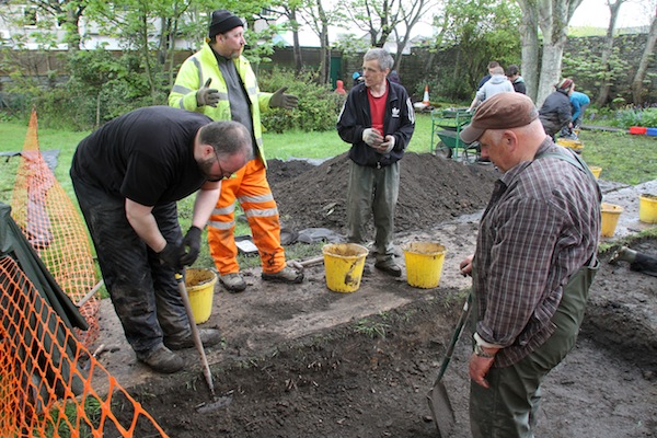 Excavation under way in the Royal Bank of Scotland garden, in Kirkwall, in May.