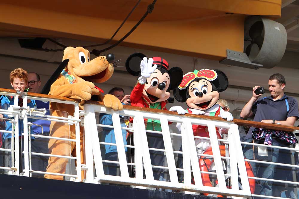 Pluto, Mickey and Minnie were among those who entertained from the decks of The 'Disney Magic' cruise liner. 