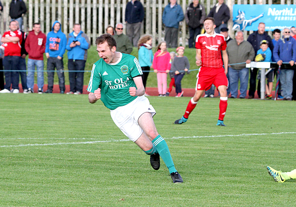 David Delday shows his delight as he scores the second of Thorfinn's goals on a memorable evening at the Pickaquoy.