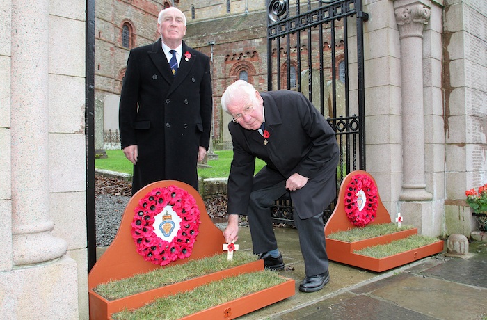 Chairman Eddy Ross and president Bryan Taylor of the Kirkwall Branch of the Royal British Legion Scotland pictured at the memorial, where crosses of remembrance can be placed in two specially made boxes.