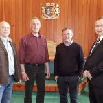 Stromness and South Isles Councillors Magnus Thomson, Rob Crichton, and James Stockan with deputy returning officer Gareth Waterson. (theorcadianphotos.co.uk)