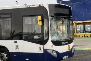 School bus windscreen smashed