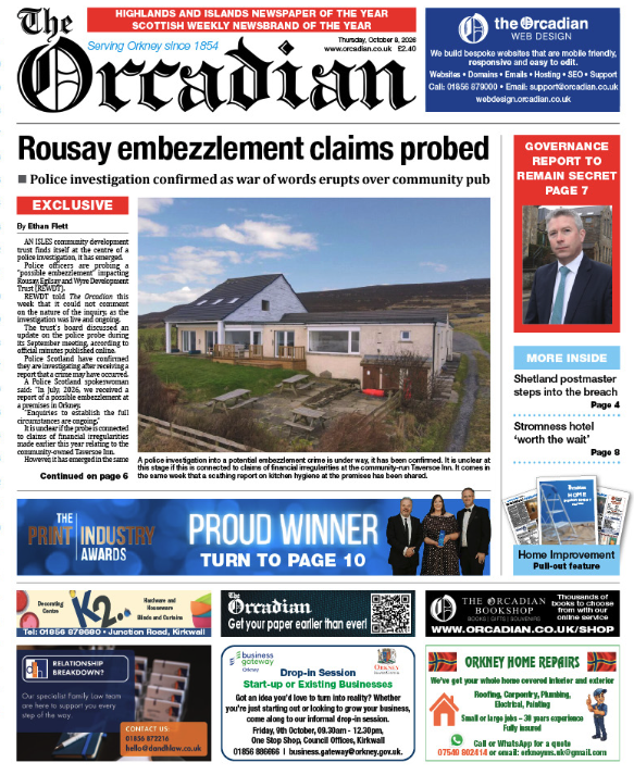 Police probe into Rousay embezzlement claims — revealed in this week’s The Orcadian